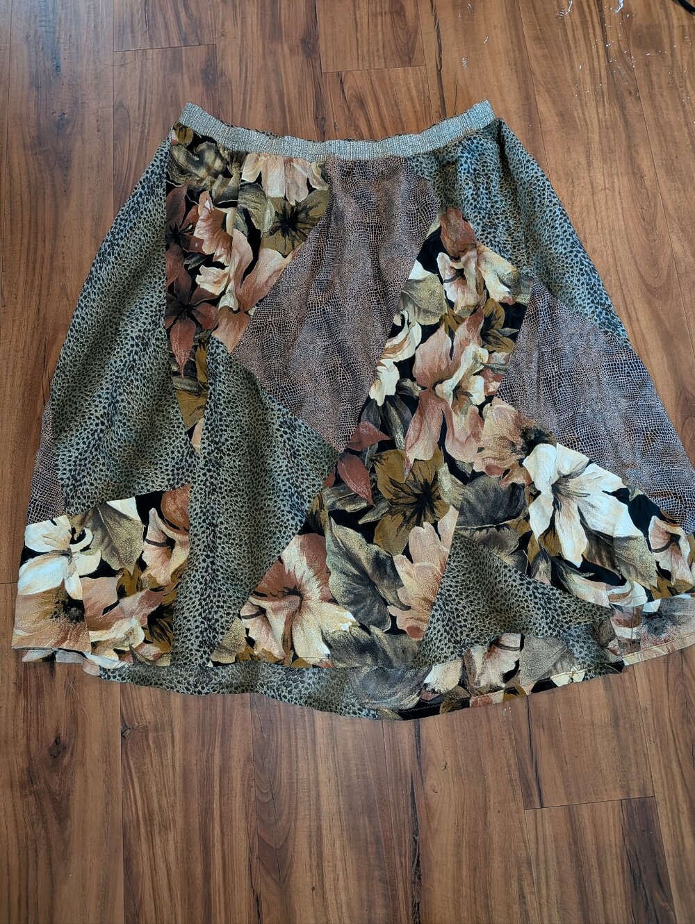 Patchwork Floral A-Line Midi Skirt in Olive and Cream